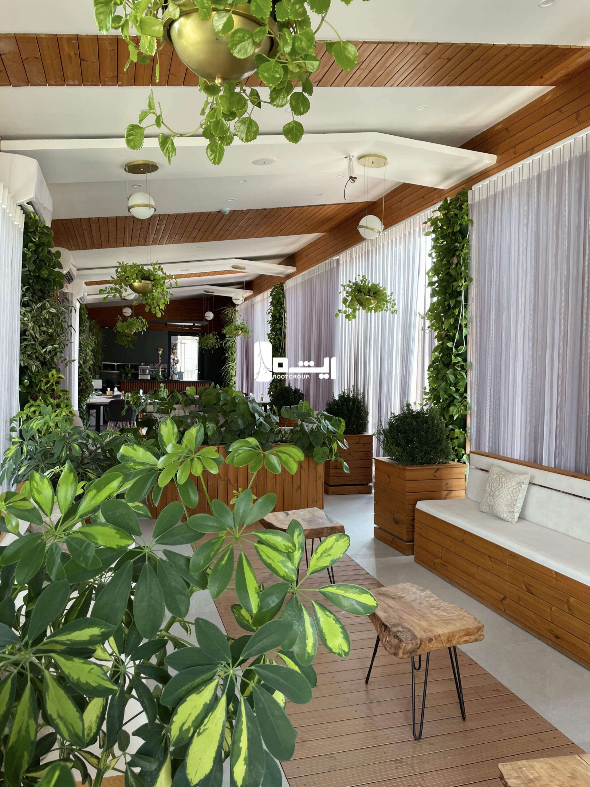 دکور سبز فضای داخلی رستوران یک شرکت توسط گروه ریشه